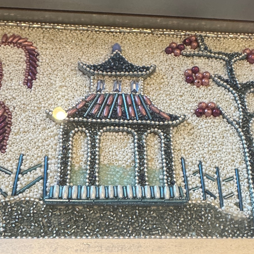 Beaded Asian Landscape Art tray with pagoda scene - Picture 2 of 9